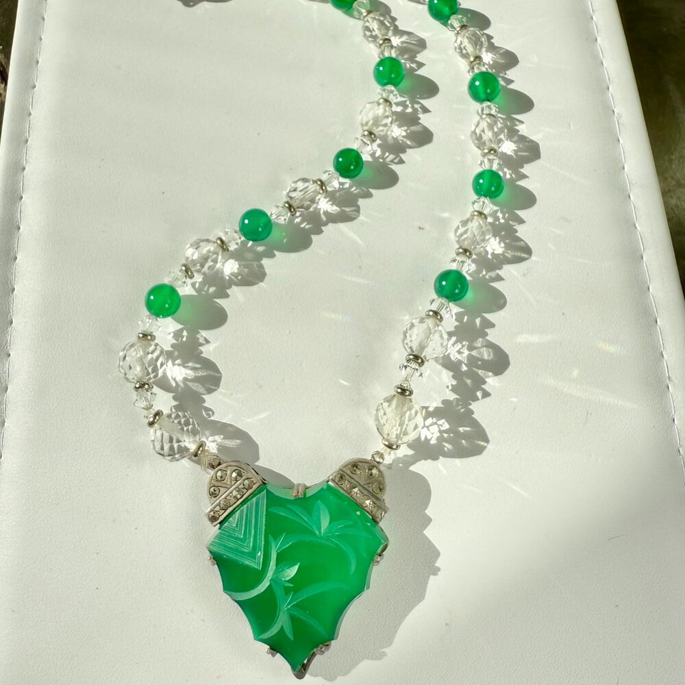 Vintage Art Deco Sterling Silver Marcasite Carved Green glass necklace